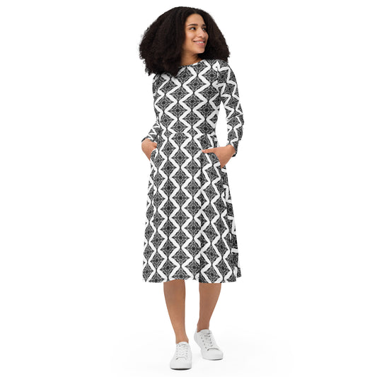 All-over print long sleeve midi dress